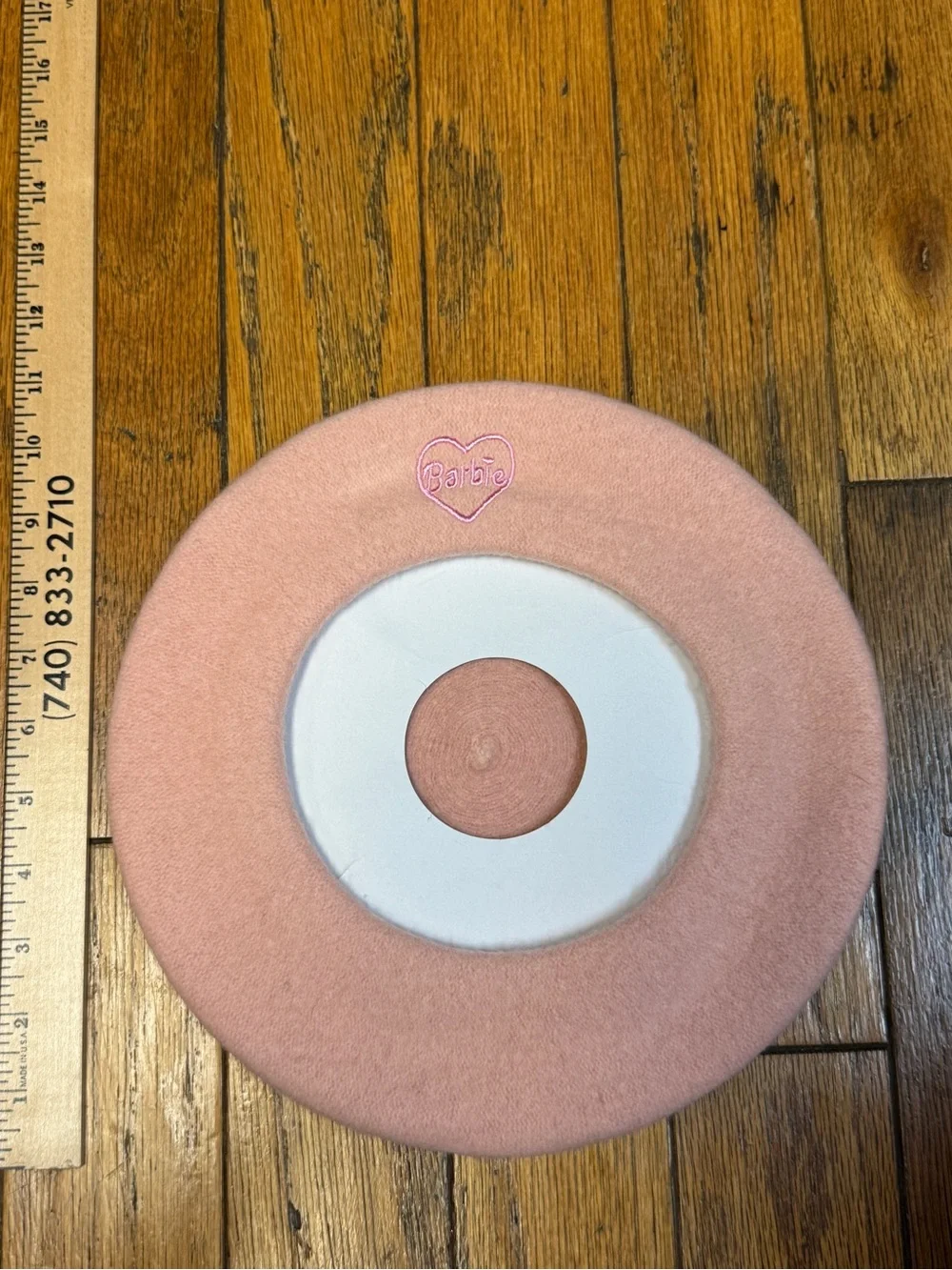 Barbie Blush Pink Fuzzy Beret with Embroidered Heart Logo